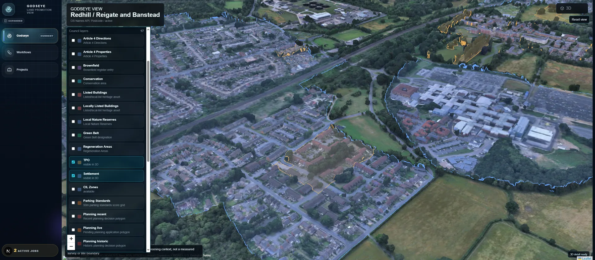 Site boundary and council constraint layers over a 3D aerial view of Redhill